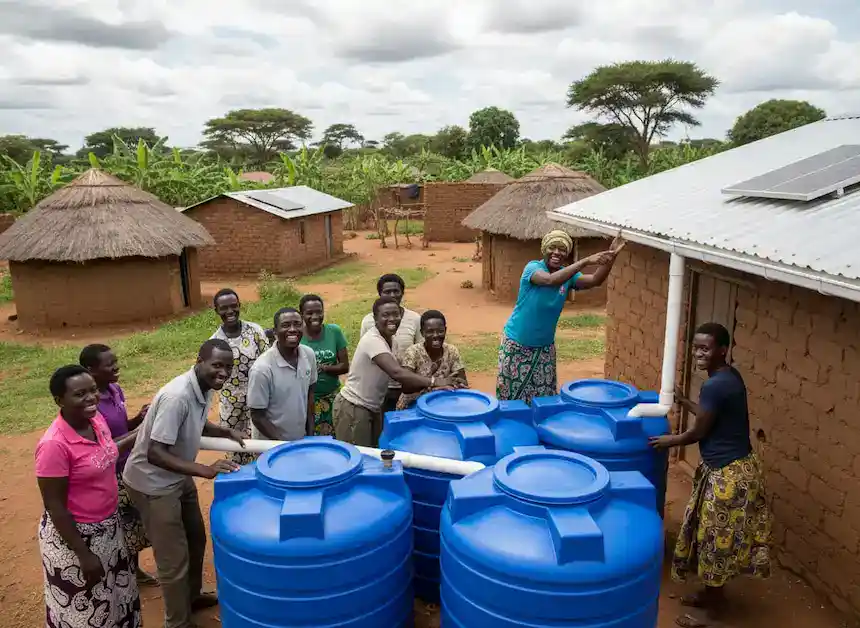 Community members installing water tanks in rural village.