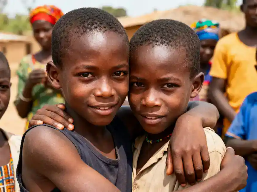 Two smiling children embracing each other in a community setting in Africa.